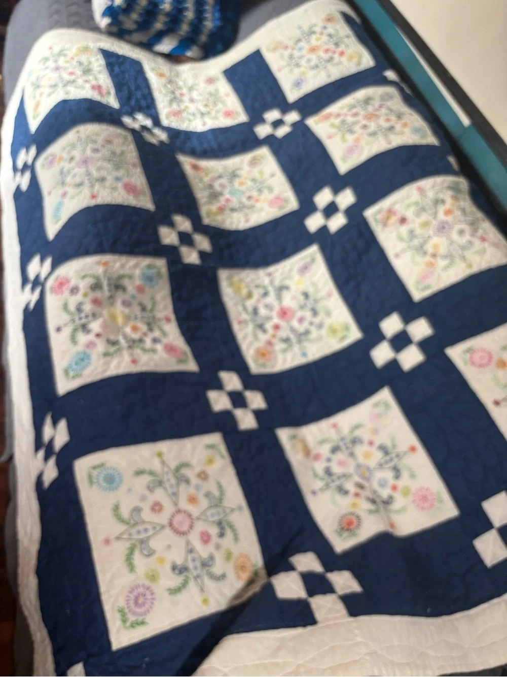 Handcrafted Floral Embroidered Quilt - Navy and White